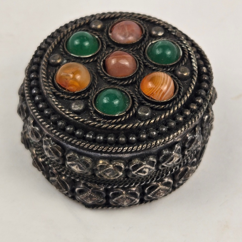Vintage India Silver Tone Filigree Pill Box with Colorful Cabochon Stones
